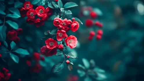Crimson Blooms in Teal: A Garden's Velvet Whisper.