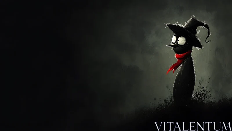 Tim Burton style shadow cat wearing red scarf on cliff edge.