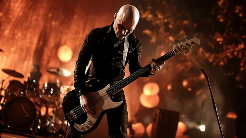Rock bassist commands the stage under warm concert lights.