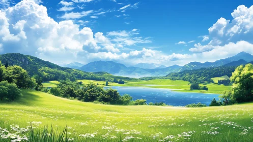 Digital landscape depicts open meadow, lake, and distant hills