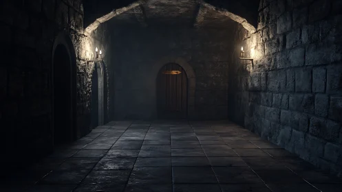 Torchlit stone corridor quietly guards its locked secrets