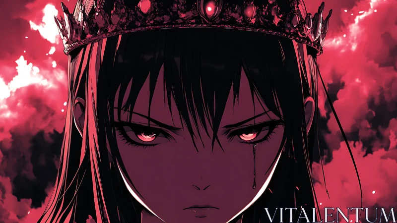 Crowned anime monarch with tear streak under high contrast red lighting