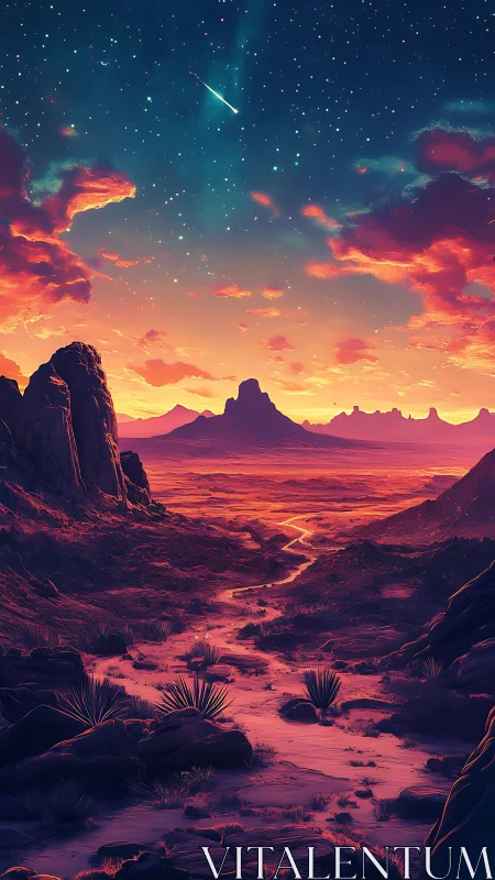 Desert valley at sunset under a vivid star-filled sky.