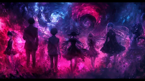 Starlit students drift between twin cosmic vortex gateways.