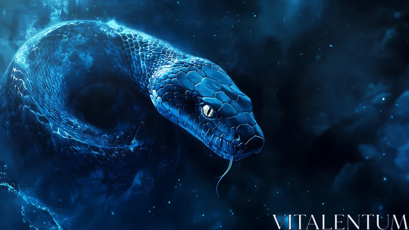Blue cosmic snake coils through deep space with glowing scales.