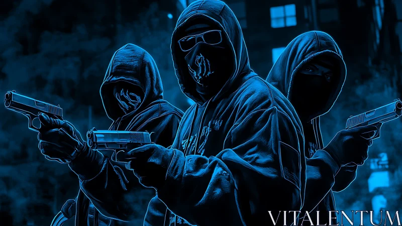 Neon-outlined masked gunmen in dark urban alley scene.