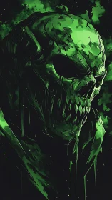 Green skeletal figure rendered in high-contrast digital shadows.