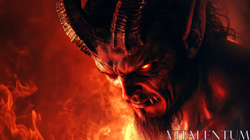 Horned demonic humanoid rendered in red firelit environment.