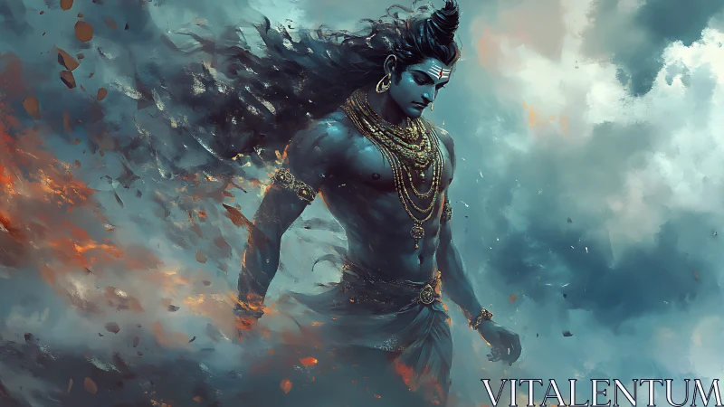 Divine blue warrior walks through swirling fire and storm