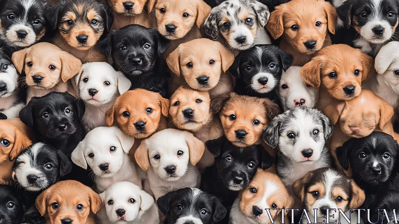 Puppy faces cluster fill frame in soft diffused studio light.