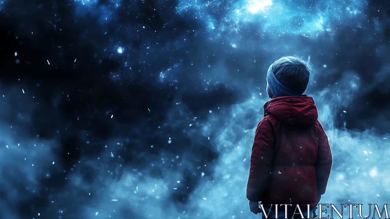 Child in red coat gazing into blue cosmic night sky.