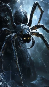 Giant cave spider looms over tangled web in cold blue light