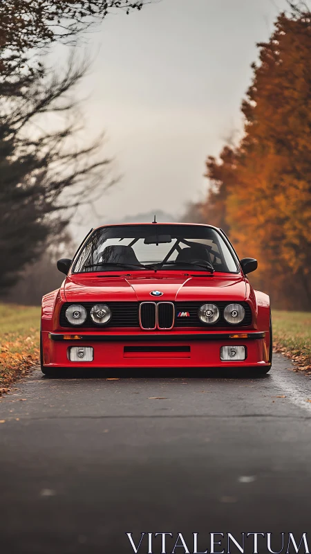 Front view of red BMW E30 M3 on rural autumn roadway