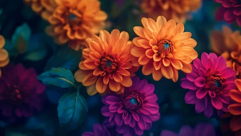 Orange and Magenta Dahlia Flowers with Teal Foliage