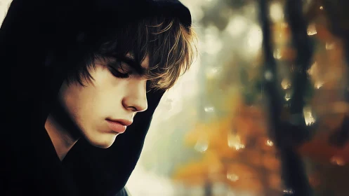 Melancholic hooded portrait uses soft focus autumn bokeh depth