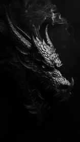 Dark metallic dragon head emerging from shadowed smoke.
