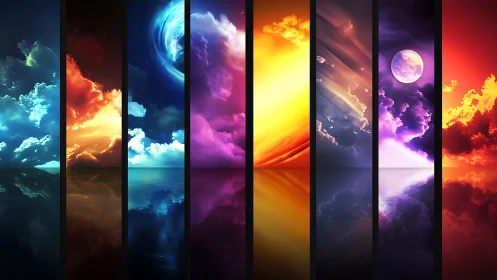 Segmented celestial sky panels with varying color bands.