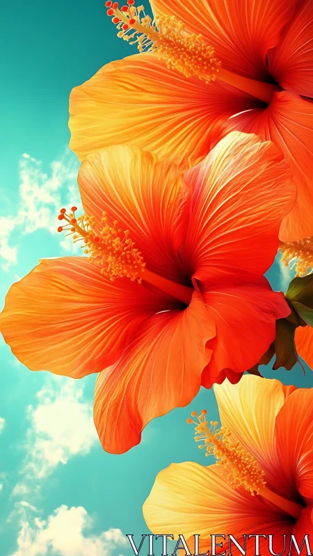 Tropical hibiscus flowers displaying radiant orange-red petals with detailed yellow stamen against t