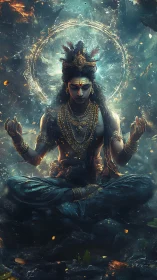 Divine figure meditates in glowing circular energy field