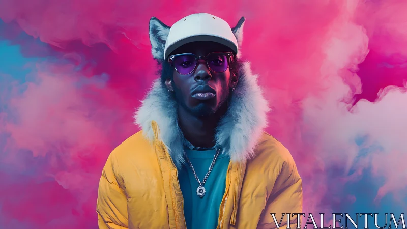 Subject wears fox ears, yellow jacket, cap and chain necklace