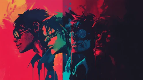 Neon portraits track character decay across divided canvas