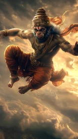 Skyborne monkey warrior streaking through molten clouds.