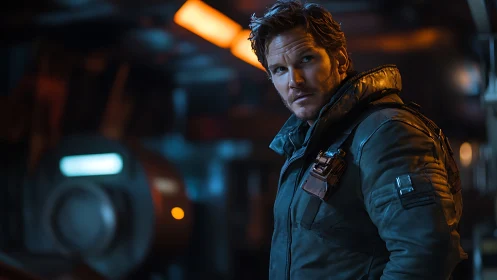 Male figure in padded jacket within dim sci fi interior.