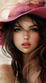 Digital portrait of young woman in pink wide brim hat.