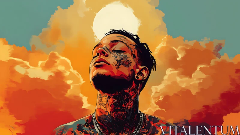 Tattooed figure basks beneath a blazing sunlit sky.