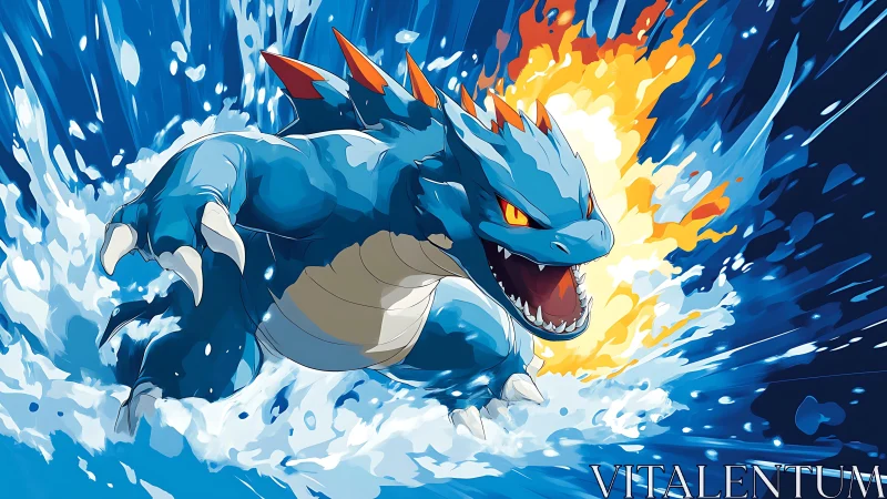 Blue reptilian beast lunges through crashing water spray