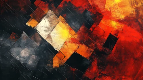 Abstract geometric painting with fiery red and orange tones.