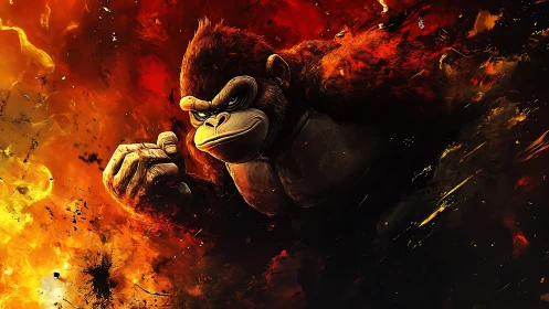 Fiery dynamic gorilla rendered in high-impact digital painting