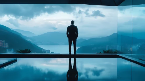 Silhouetted executive surveys dawn cityscape over misted bay