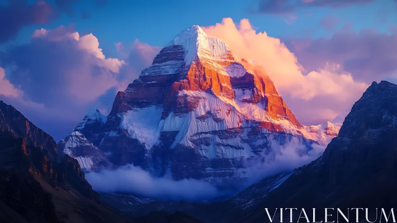 Sunlit snow peak above shadowed valley at sunset.