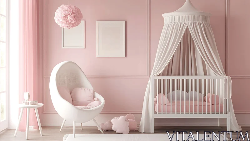 Minimalist blush nursery with canopy crib and pod chair design.