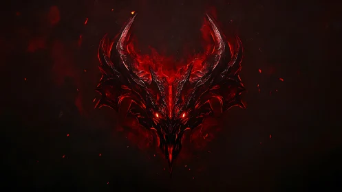 Infernal horned demon emblem blazing in crimson void.