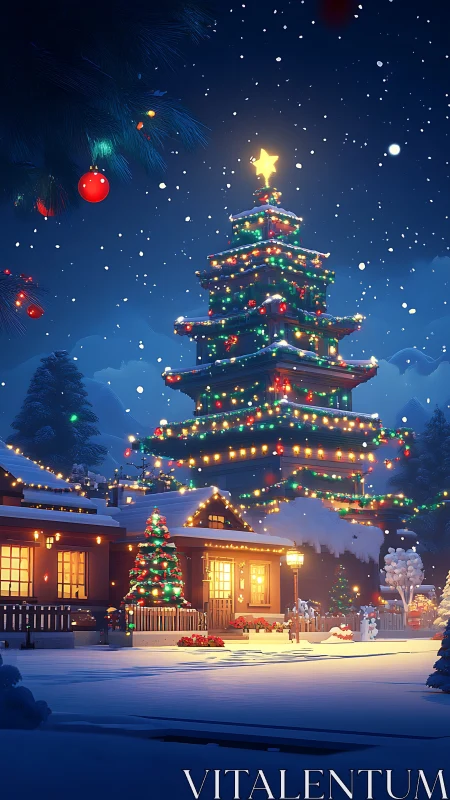 Snowy night view of house with tall lit Christmas tree.