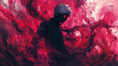 Anime antihero in crimson energy vortex, high contrast composition.