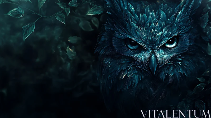 Moonlit sapphire owl glaring through midnight foliage.
