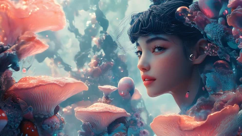 Bio-luminescent mycology realm with stylized synthetic portrait.