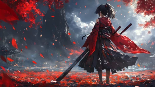 Samurai girl stands in red leaf storm before dark cliffs.