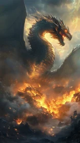 Infernal dragon rising above a burning volcanic citadel.