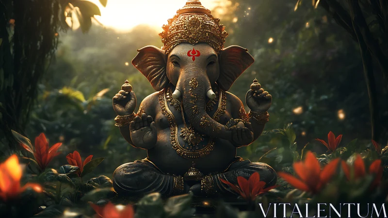 Ganesha deity statue in lush forest with glowing light.