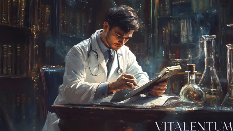 Doctor in vintage lab studies notes amid glassware and books.