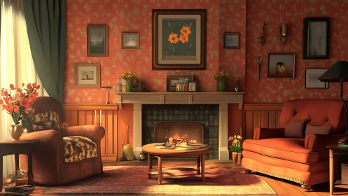 Retro living room interior with warm cinematic lighting.