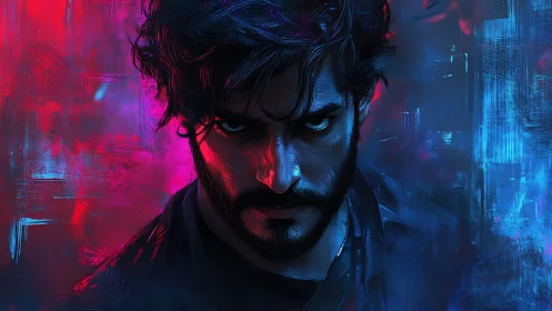 Chromatic split-contrast portrait under neon rim lighting.