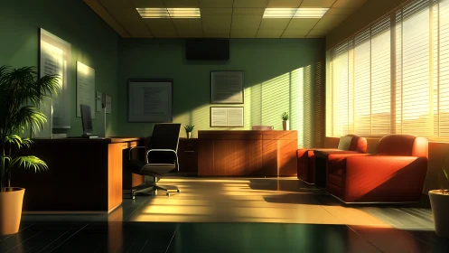 Sunlit executive office interior with warm cinematic lighting