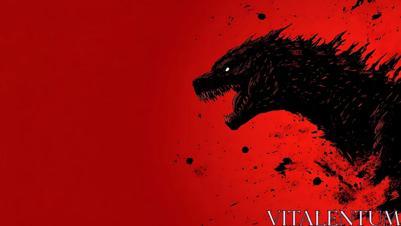 Ink-splatter kaiju silhouette on saturated crimson field.