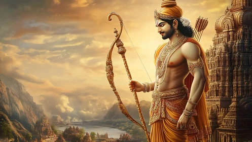 Heroic archer deity in ornate temple landscape at sunrise