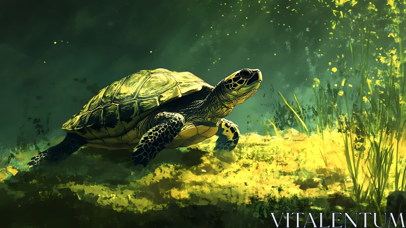 Sea turtle on illuminated seabed in green underwater scene.